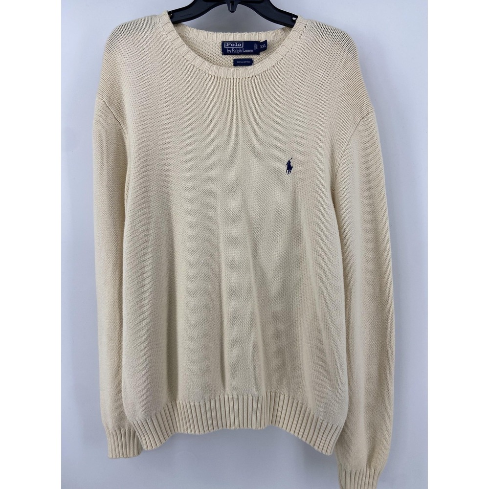 Polo Ralph‎ Lauren Sweater Mens 2XL Cream Cotton Crewneck Pullover Classic Logo